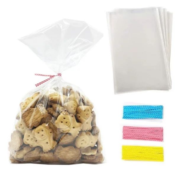 100 Pcs 10" x 6" Clear Flat Cellophane Treat Bags with Metallic Twist Ties, Ideal for Bakery, Pop... | Walmart (US)