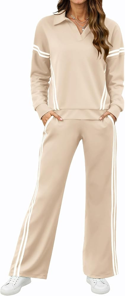 SHESHOW Lounge Sets for Women V-Neck Tracksuit 2-Stripes Wide Leg Pants 2 Piece Outfit Women Swea... | Amazon (US)