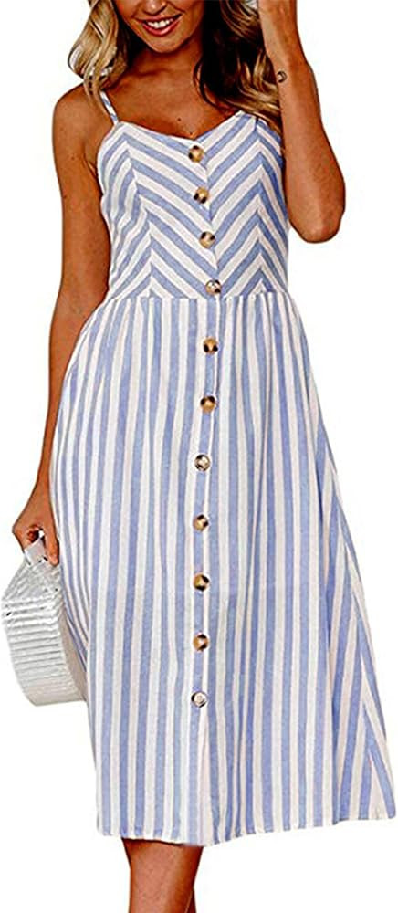 Angashion Women's Dresses-Summer Floral Bohemian Spaghetti Strap Button Down Swing Midi Dress | Amazon (US)