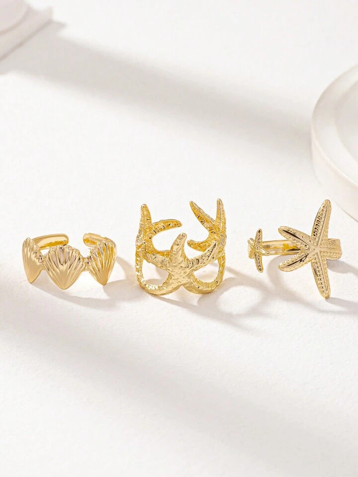 3 Pcs Summer Vocation Beach Sea Star Starfish Design Golden Color Rings Set For Women | SHEIN