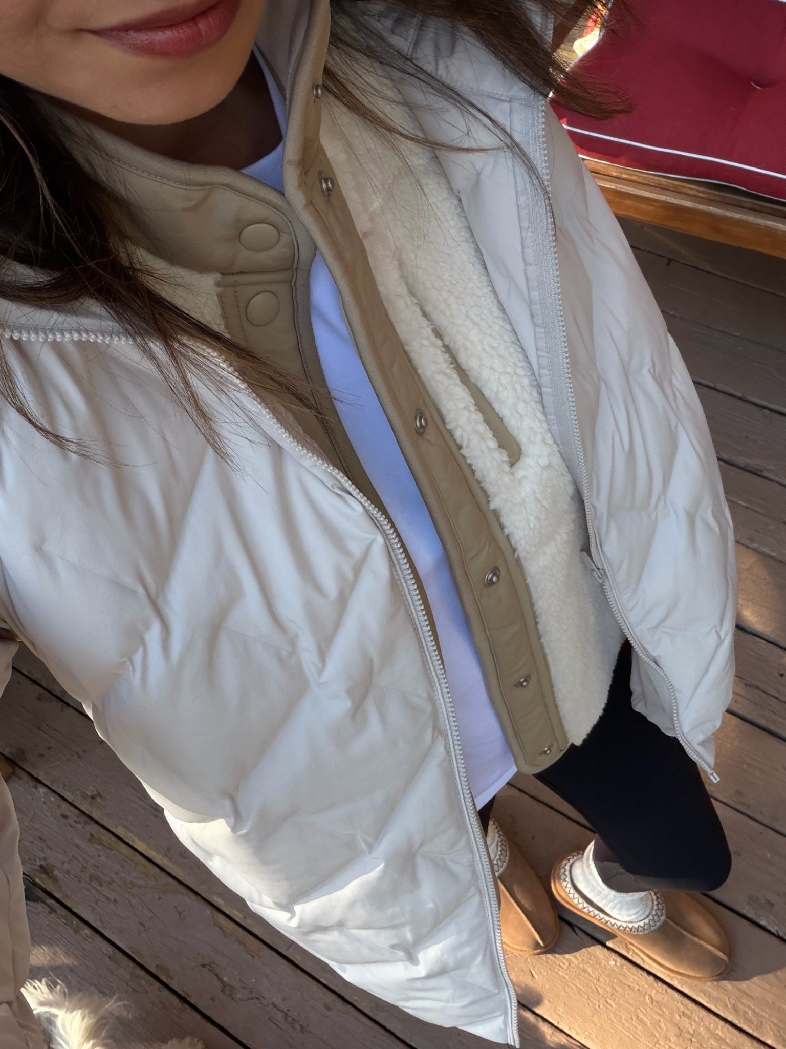 Cozy layered outfit for a morning in Tahoe 

Lovee this Uniqlo Sherpa! Wearing xs 
Parka small 
Aritzia leggings 
Quince clog slippers 

Cold weather staples / fall winter outfit /