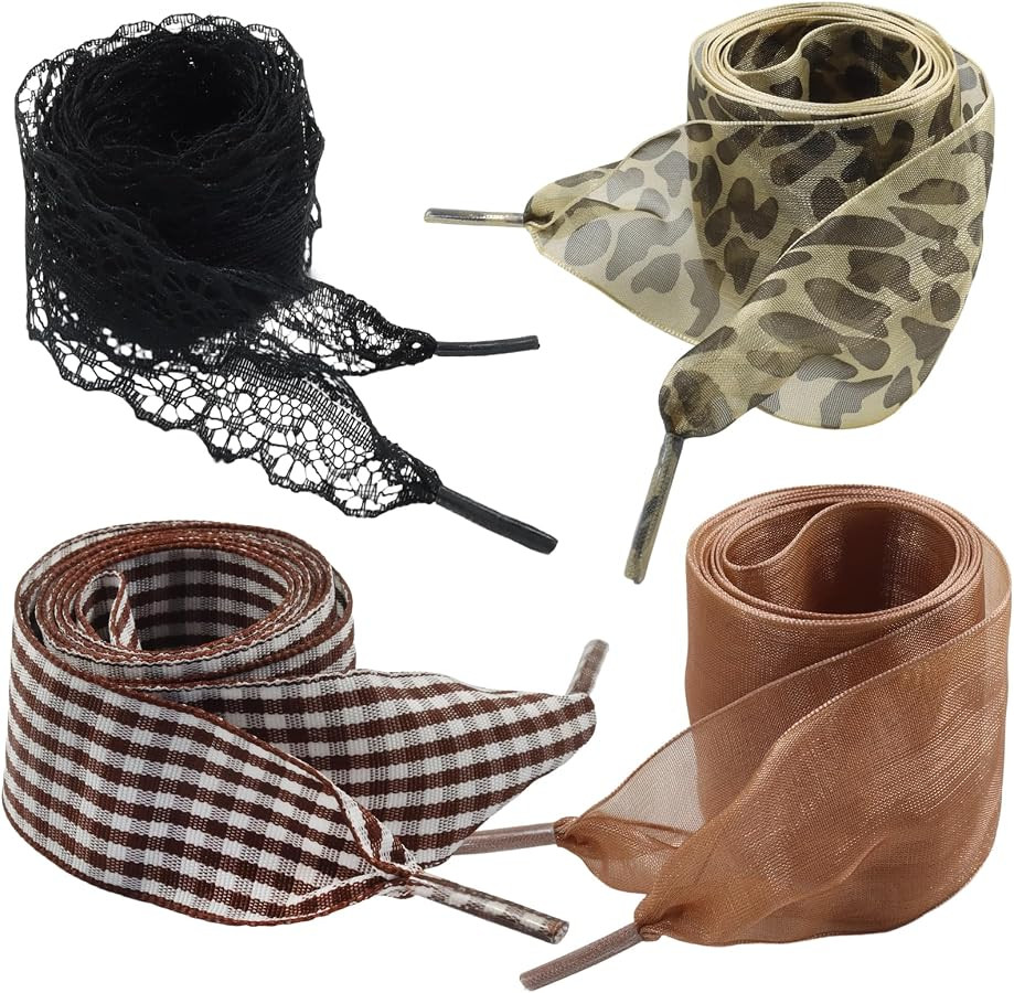 Biaungdo 4 Pairs Organza Shoelaces 4cm 120cm Brown Leopard Black Lace | Amazon (US)