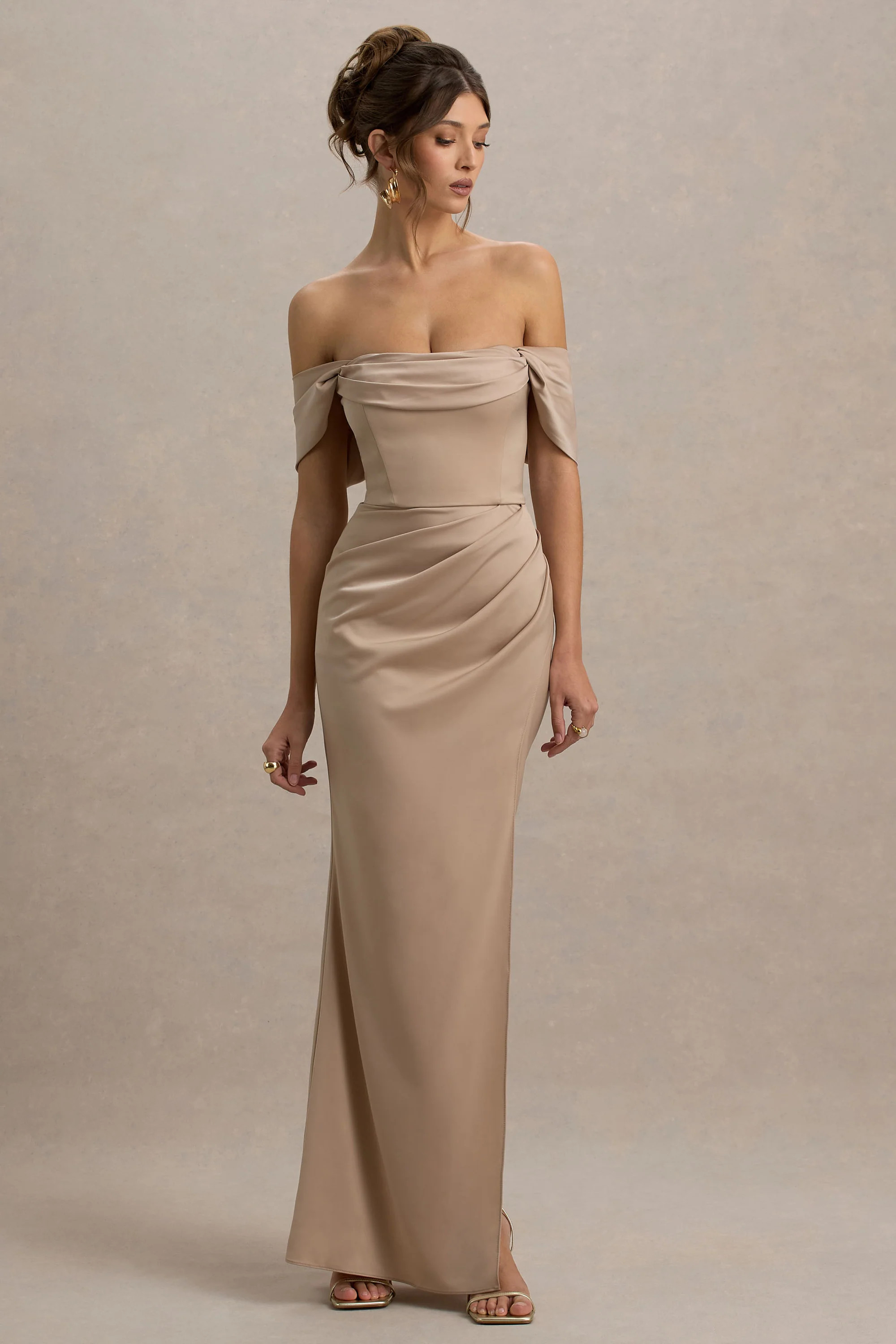 Annie | Champagne Satin Bardot Maxi Dress With Split Wrap Skirt | Club L London