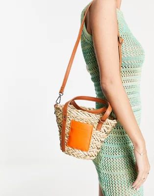 South beach mini cross body bag with orange patch in natural straw | ASOS (Global)
