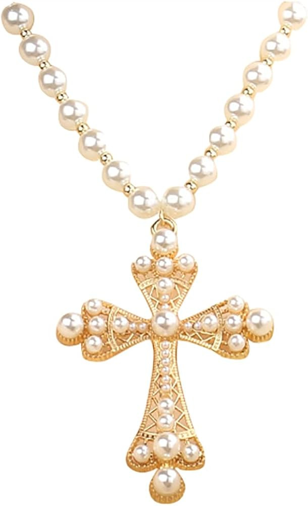 Big Cross Pendant Choker Necklaces for Women Hypoallergenic Shell Pearls Charms Link Ball Bead Ro... | Amazon (US)