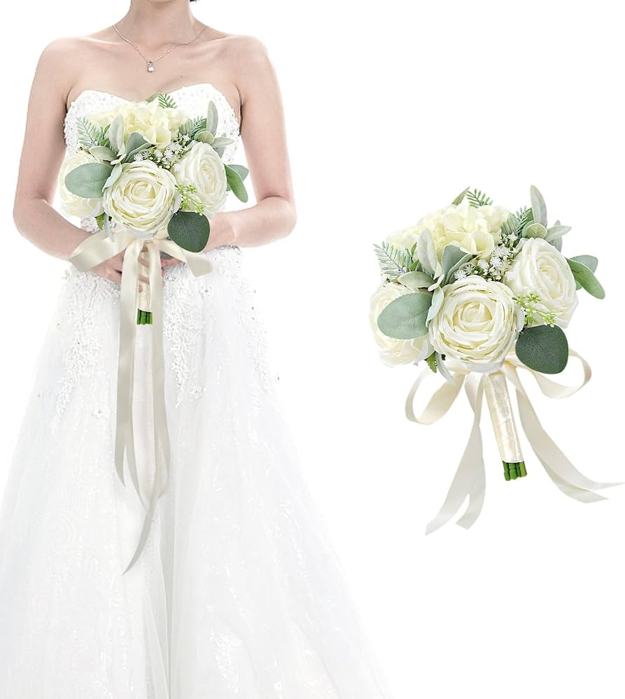White Bridesmaid Bouquets for Wedding - Silk Artificial Ivory Bridesmaid Flowers, Pre-Made Roses ... | Amazon (US)