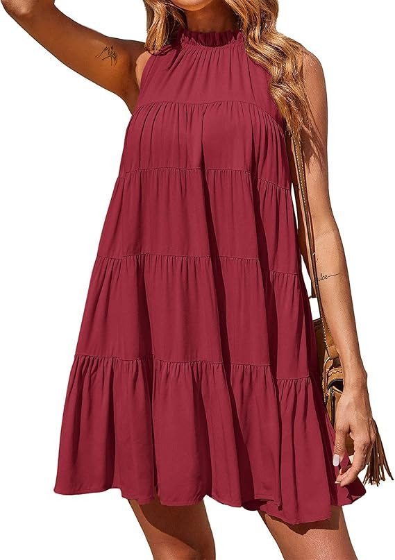 Okiwam Womens Summer Dress 2026 Sleeveless Halter Neck Flowy Mini Sundress Casual Babydoll Spring... | Amazon (US)