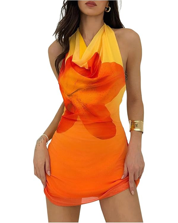 MakeMeChic Women's Floral Halter Dress Open Back Draped Front Bodycon Mini Dresses | Amazon (US)