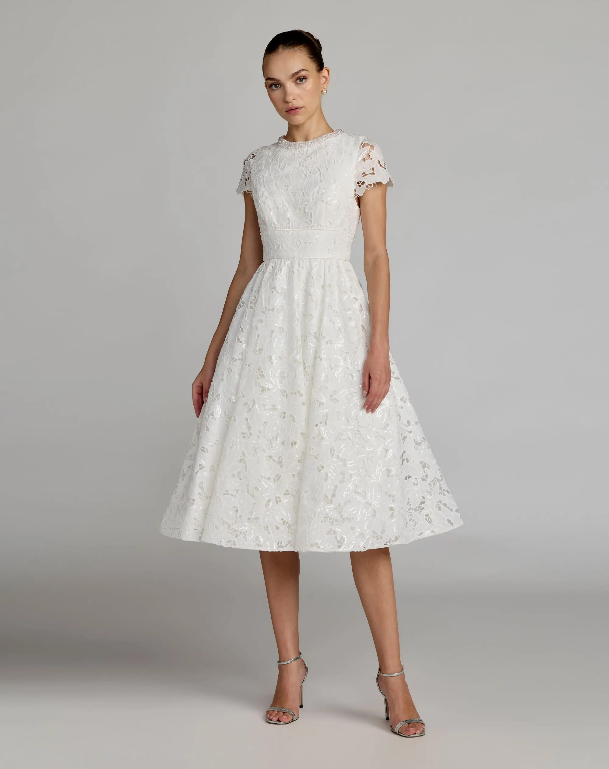 White Embroidered Lace A Line Midi Dress | Mac Duggal | Mac Duggal