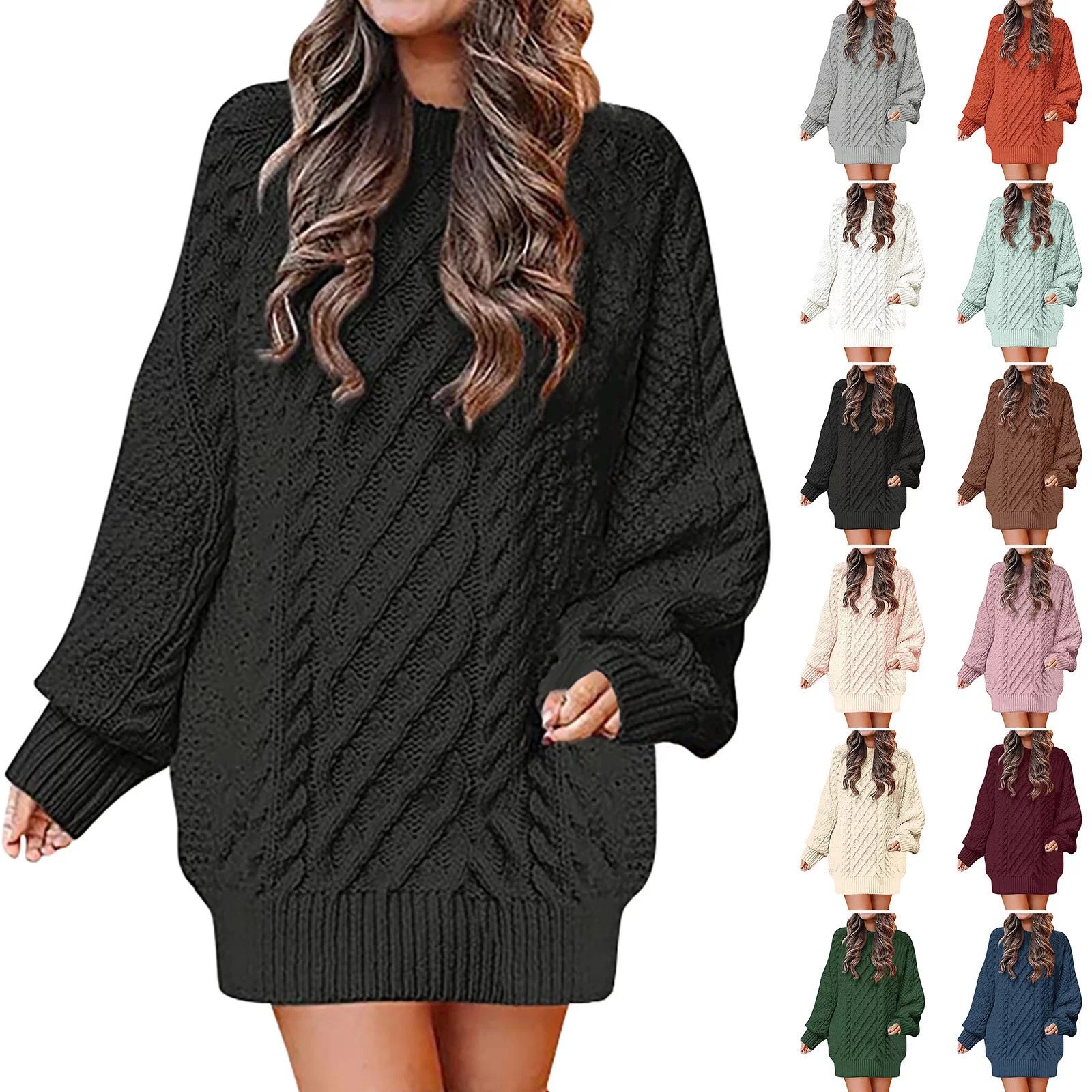 Women Crewneck Long Sleeve Oversized Cable Knit Chunky Pullover Short Sweater Dresses | Walmart (US)
