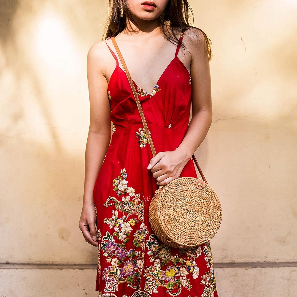 Handwoven Round Rattan Bag Shoulder Leather Straps Natural Chic Hand NATURAL NEO | Amazon (US)