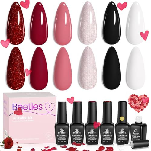 Beetles Gel Nail Polish, 6 Colors Nude Pink Red Glitter White Black Rose Golden Gel Polish Queen of Hearts Collection Soak Off Uv Lamp Cured DIY Home Manicure Gift for Women | Amazon (US)