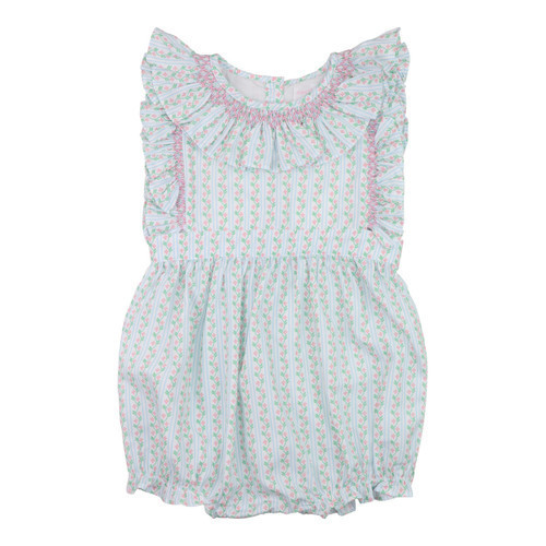 Pink And Green Vintage Floral Smocked Ruffle Bubble | Cecil and Lou