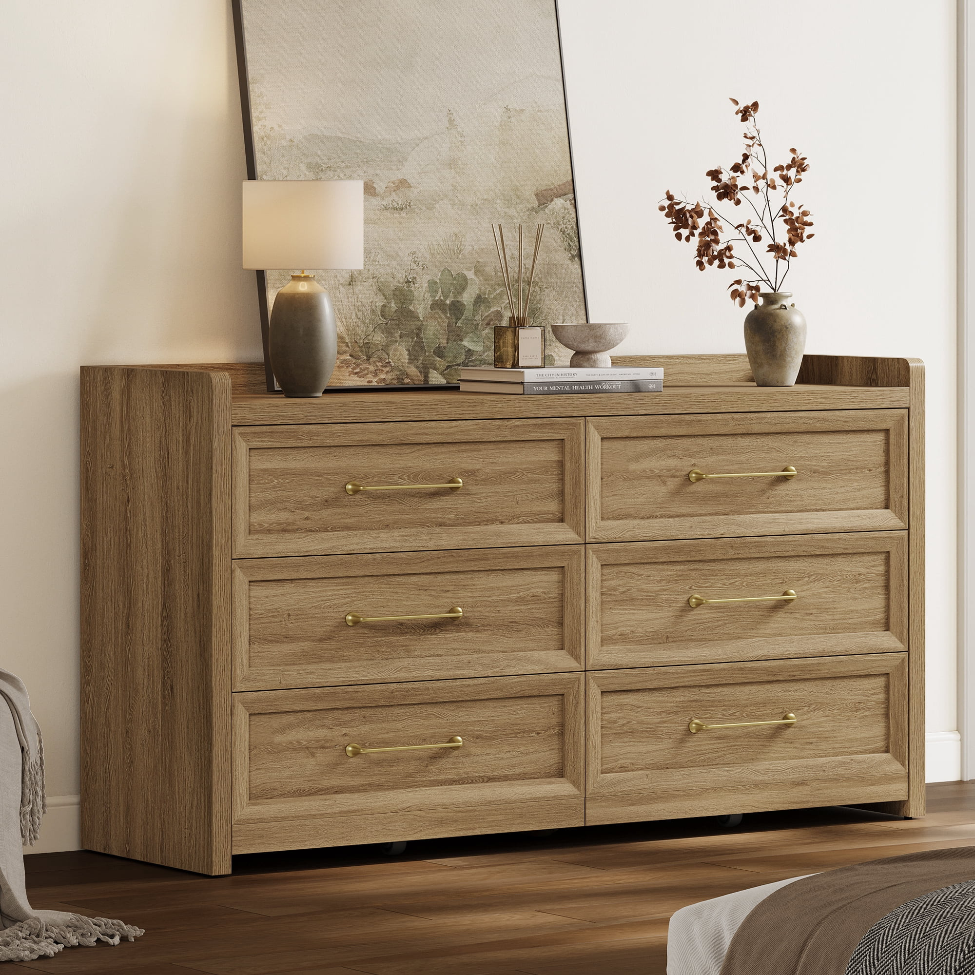 SICOTAS 56.4"W Farmhouse 6 Drawer Double Dresser, Long Chest of Drawers with Brass-tone Handles &... | Walmart (US)