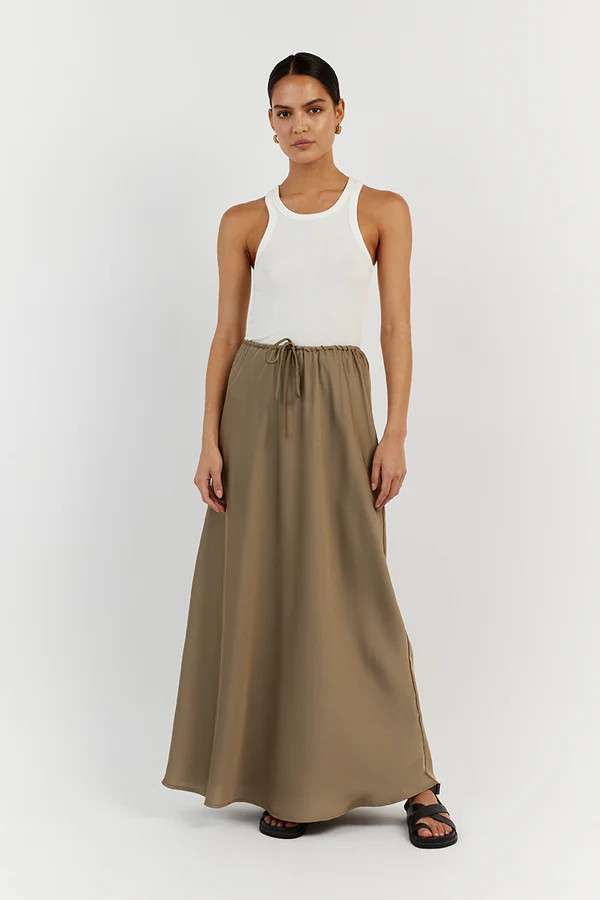 BLOOM MOSS SATIN MIDI SKIRT | DISSH