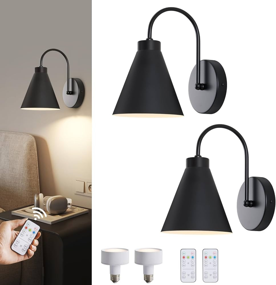 Vintage Cordless Gooseneck Battery Operated Wall Sconces Set of 2, Black Bedside Battery Powered ... | Amazon (US)