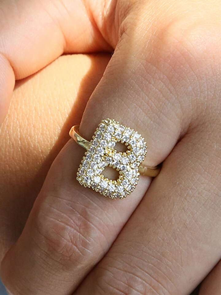 Bubble Cute 26 Letters Ring For Women Balloon Gold Plated Zirconia A-Z Letters Open Adjustable Ri... | SHEIN
