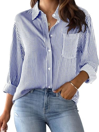 CUNLIN Womens Blue Button Down Striped Shirt for Women Blouses & Button-Down Shirts Long Sleeve Collared Women's Top Tops Navy Blue Size S | Amazon (US)