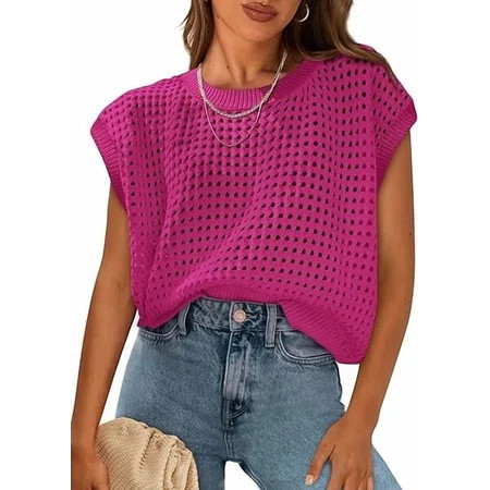 PRETTYGARDEN Womens Spring Tops Summer Shirts Crochet Cap Sleeve Sweater Pullover Cute Crew Neck Beach Cover Ups | Walmart (US)