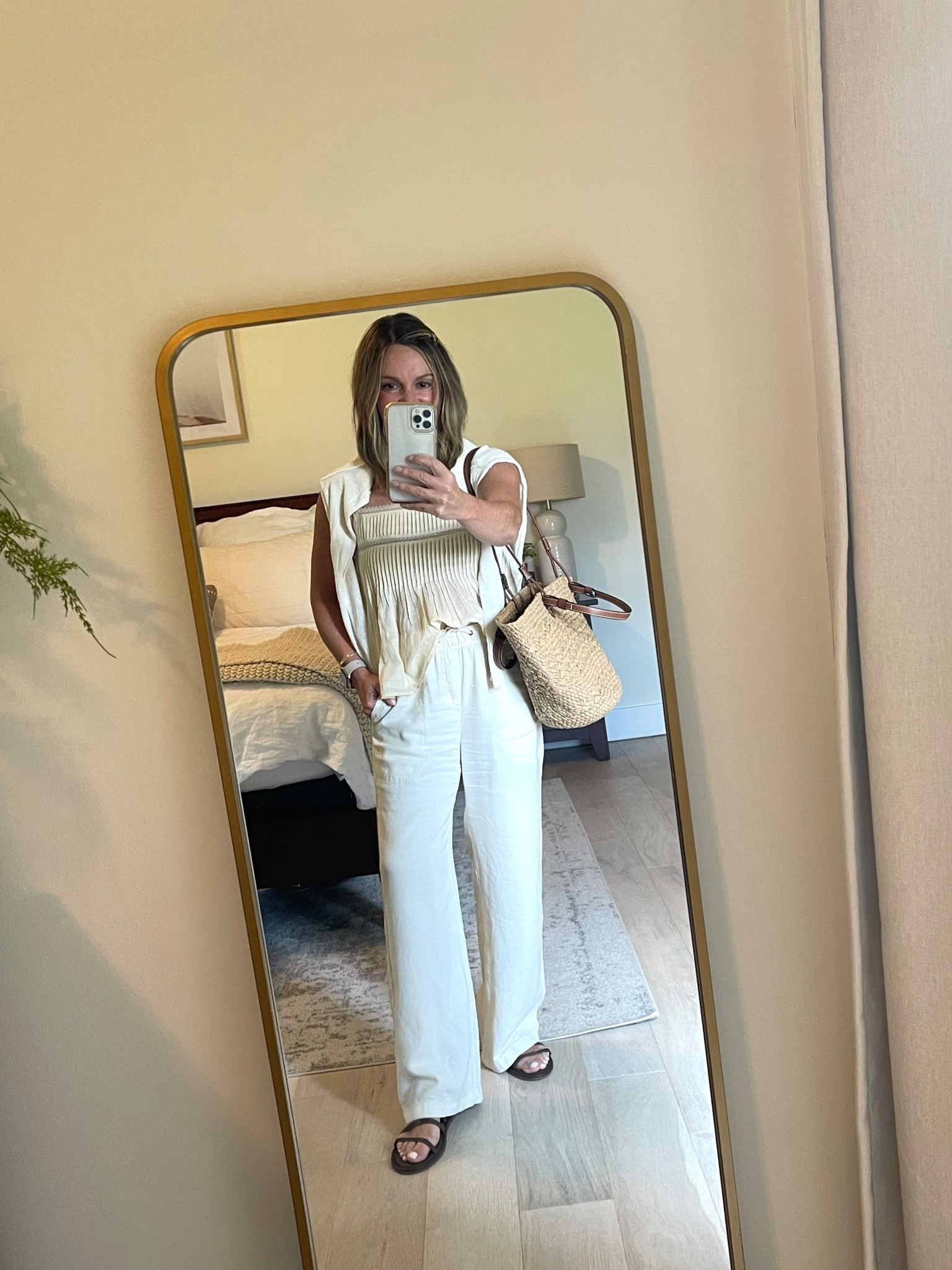 Pretty JCrew lace top and Splendid pant on sale (40% off). Pants are a thicker linen material that drape beautifully - Angie  “cropped” style but full length on my 5’1” frame. Rarely go on sale! 
#ltkover50 #transitionalstyle

Lace Tank - JCrew, “Camdlelight”, XS (tts but if bustier considering sizing up as there is no stretch)
Pants - Splendid Angie, XS (moonstone color is full length on petites)
Sweater - Old JCrew
Basket bag - Etsy
Sandals - Target, older


#LTKPetite #LTKOver40 #LTKSaleAlert