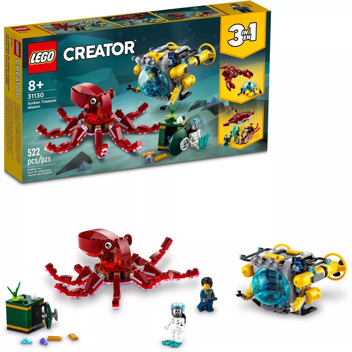 LEGO Creator 3 in 1 Sunken Treasure Mission Octopus Set 31130 | Target