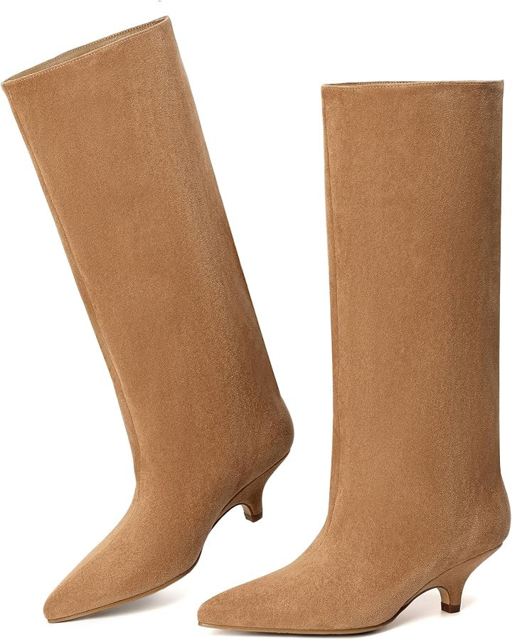 Amazon.com | vivianly Knee High Boots for Women Pointed Toe Fold Over Black Boots Kitten Heel Com... | Amazon (US)