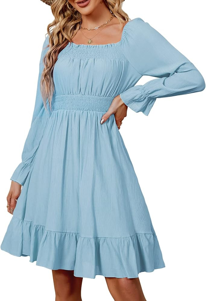 Taurus Women's Casual Square Neck Long Sleeve Smocked Dress Ruffle High Waist A-Line Flowy Short ... | Amazon (US)