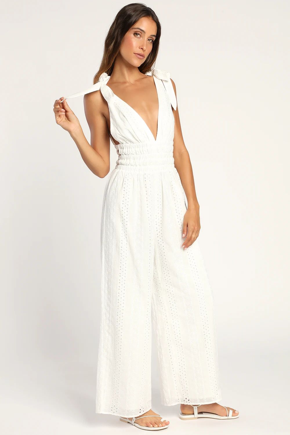 Running Free White Eyelet Embroidered Tie-Strap Jumpsuit | Lulus (US)