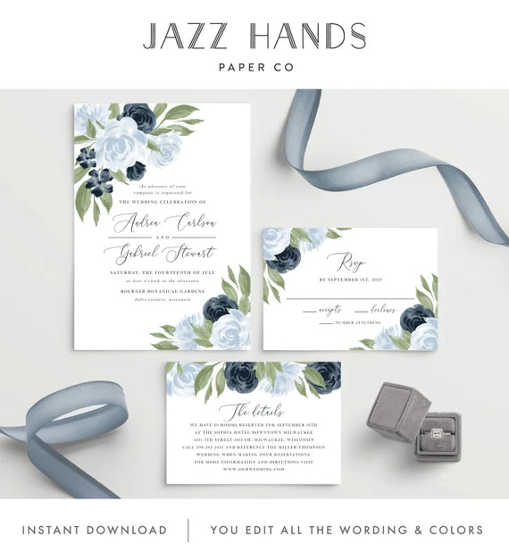Wedding Invitation Template, Colors and Text Fully Editable, Dusty Blue and Navy Floral, Instant ... | Etsy (US)
