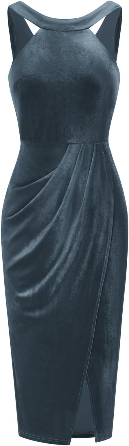GRACE KARIN Women's Halter Neck Sleeveless Ruched Bodycon Slit Velvet Wrap Party Cocktail Midi Dr... | Amazon (US)