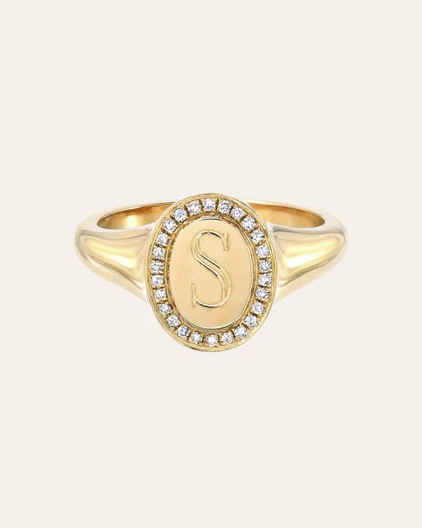 14k Gold Diamond Frame Signet Ring | Zoe Lev Jewelry