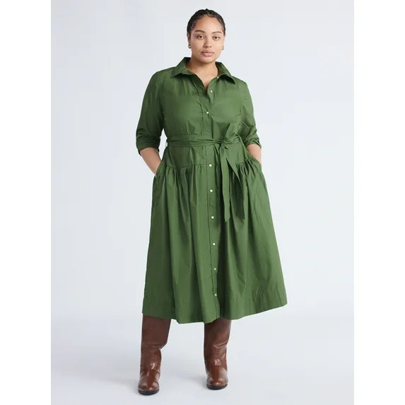 Free Assembly Women's and Women’s Plus Belted Cotton Maxi Shirtdress with Long Sleeves, Sizes X... | Walmart (US)