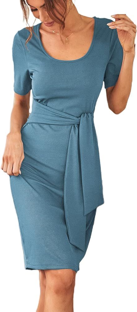 PRETTYGARDEN Women’s Lightweight Square Neck Short Sleeve Ribbed Knit Bodycon Midi Dress Side Slit F | Amazon (US)