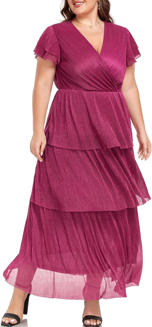 Carrdc Plus Size Maxi Dress for Curvy Women Short Sleeve Tiered Cocktail Dress | Amazon (US)