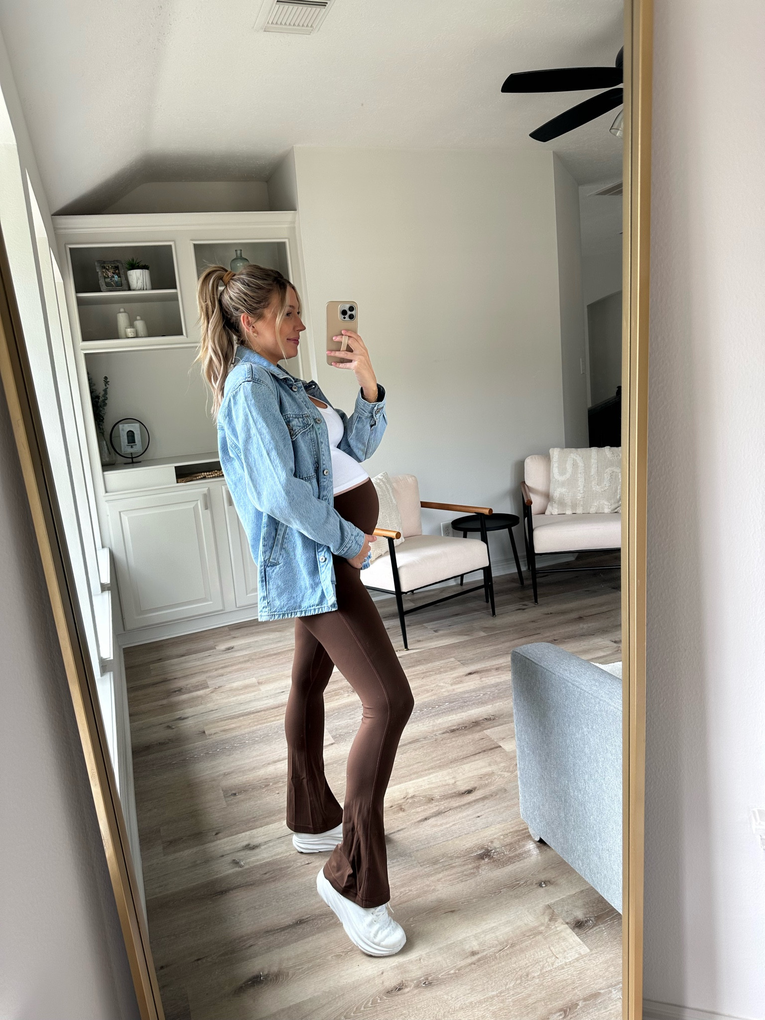 Bump friendly casual outfit
Tank in M
Flare leggings - sized up 2 for bump. Tts
Hokas tts
Denim jacket in S - it’s oversized 
Use code CHEYENNE15 on necklace

#LTKSeasonal #LTKbump #LTKstyletip