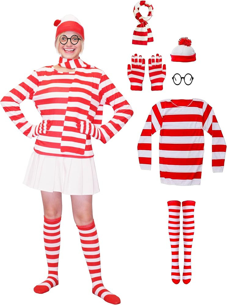 Wheres Red and White Striped Shirt Adult Cosplay Halloween Outfit Suit With Accessory | Amazon (US)