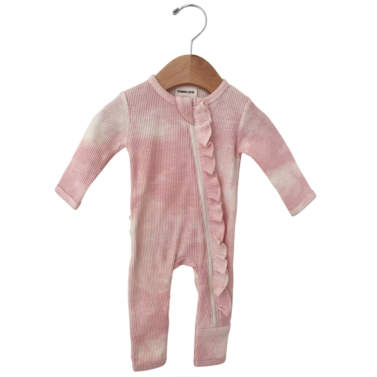 Organic Waffle Ruffle Zip Romper, Ballet Pink Tie Dye | SpearmintLOVE