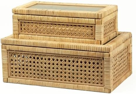 Rattan Display Box for Home Decor with Lid - Rectangular Coastal Bohemian Style Stackable Decorat... | Amazon (US)