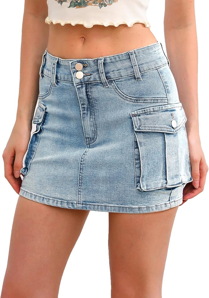 Low Waist Cargo Skirt Women Button Mini Cargo Denim Skirt with Pocket Mini Skirt | Amazon (US)