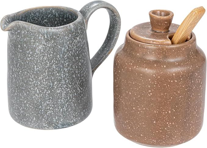 Bloomingville Stoneware Creamer and Sugar Pot Set with Bamboo Spoon, Grey and Brown, Small, Multi | Amazon (US)