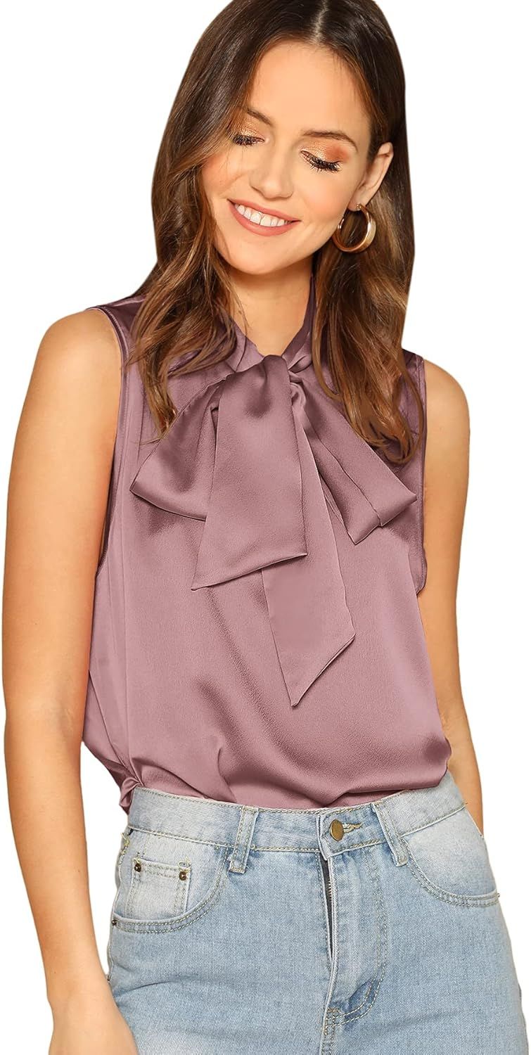 SheIn Women's Solid Bow Tie Neck Sleeveless Casual Work Blouse Shirts Tops | Amazon (US)