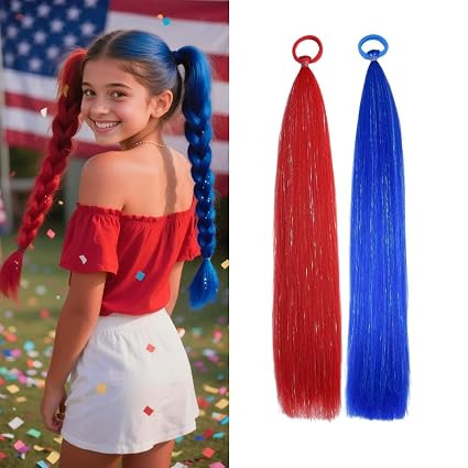 Red/Blue Ponytail Extensions, Girls Hair Accessories Tinsel Extensions With Rubber Band Braiding ... | Amazon (US)