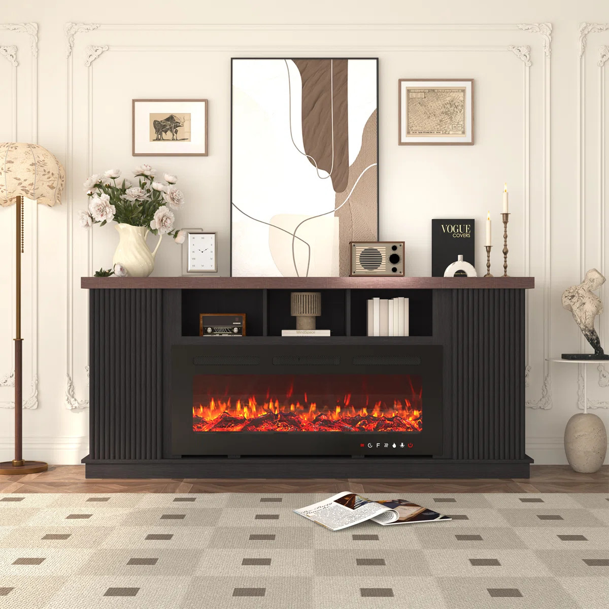 Latitude Run® 70" Tv Stand For Tvs Up To 85" With Electric Fireplace, Vintage Double Door Firepl... | Wayfair North America