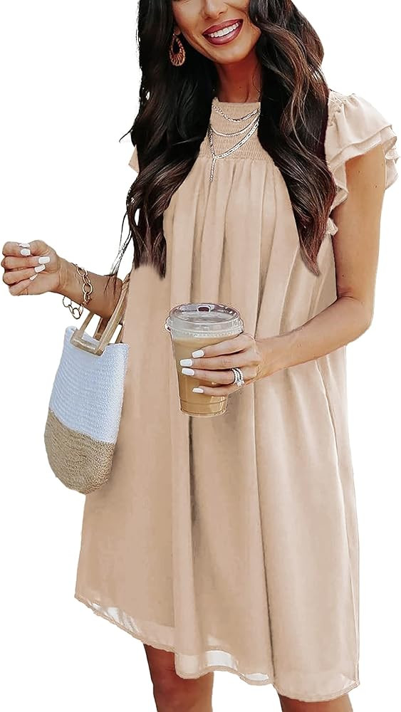 KIRUNDO Women's 2023 Summer Casual Dress Ruffle Sleeve Crew Neck Short Mini Dress Solid Loose Flo... | Amazon (US)