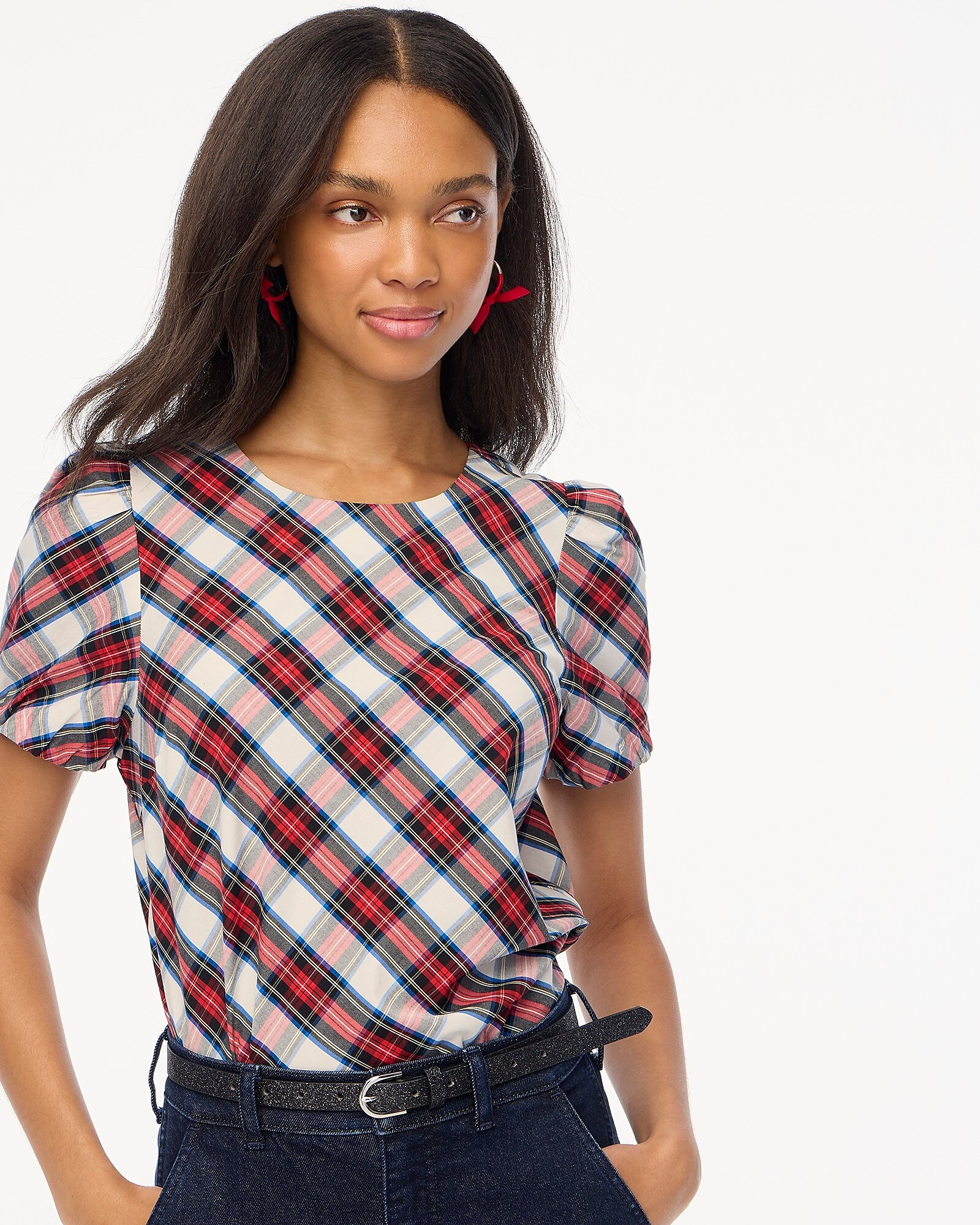 Tartan puff-sleeve top | J.Crew Factory