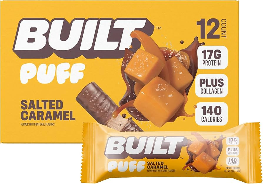 BUILT Protein Bars, Salted Caramel Puff, 12 bars, Protein Snacks, 17g of Protein, Collagen, Choco... | Amazon (US)