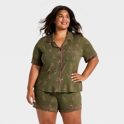 Women's Cloud Knit Modal Short Sleeve Notch Collar Top and Shorts Pajama Set - Auden™ Olive Green XS | Target