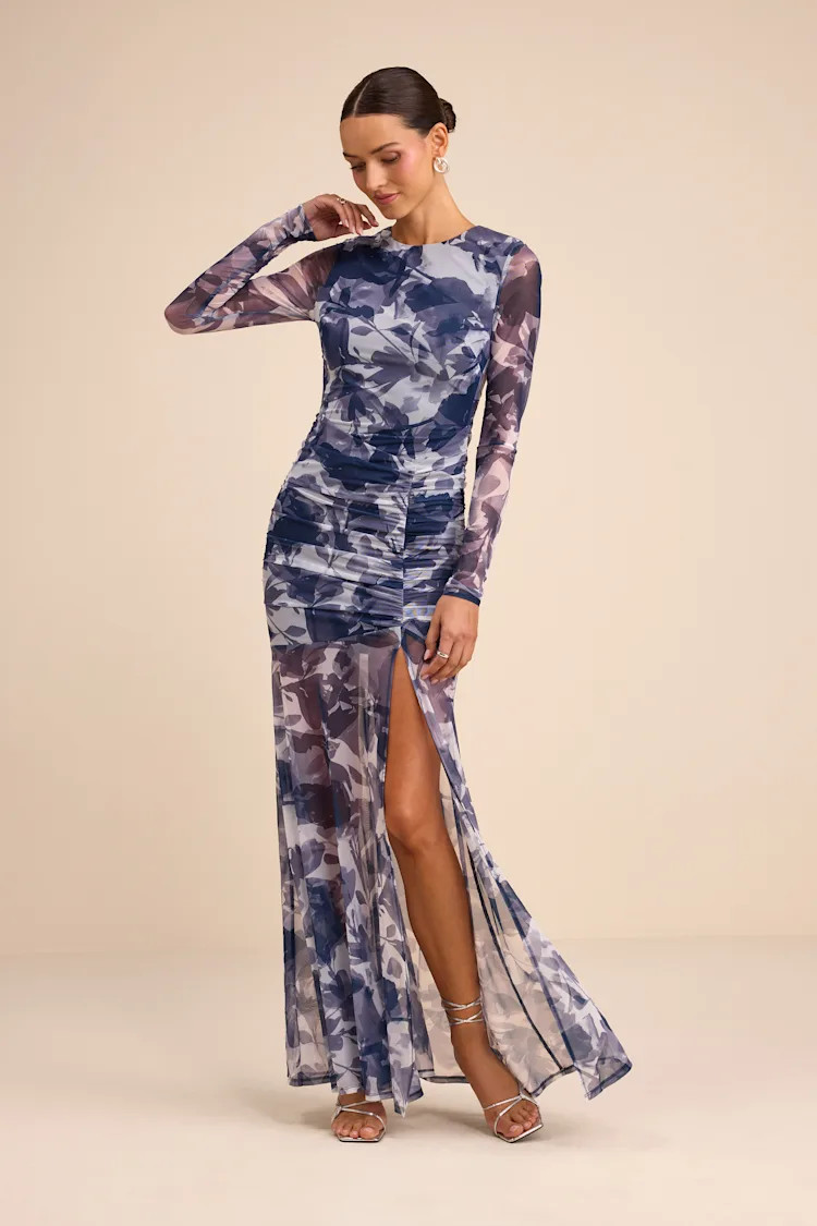 Vibrant Poise Blue Floral Print Mesh Ruched Maxi Dress | Lulus