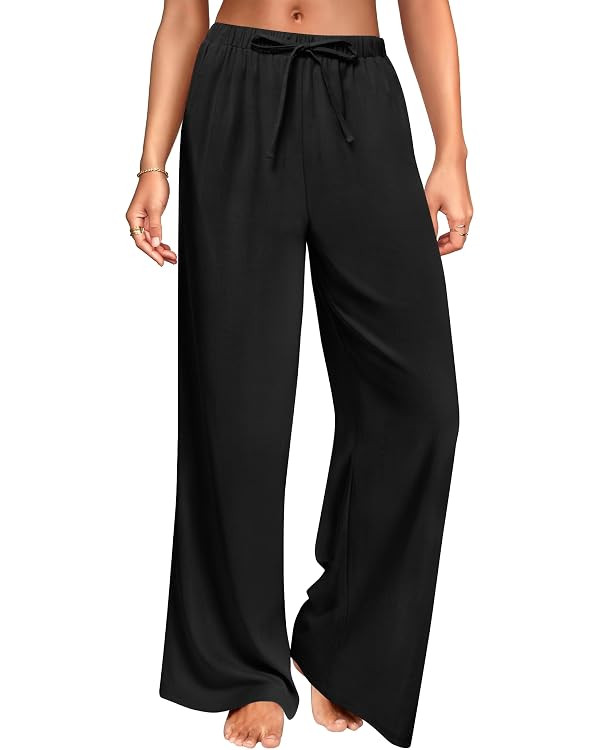 DLOODA Wide Leg Linen Pants for Women, Loose Flowy Palazzo Pants with Pockets Drawstring Trousers... | Amazon (US)