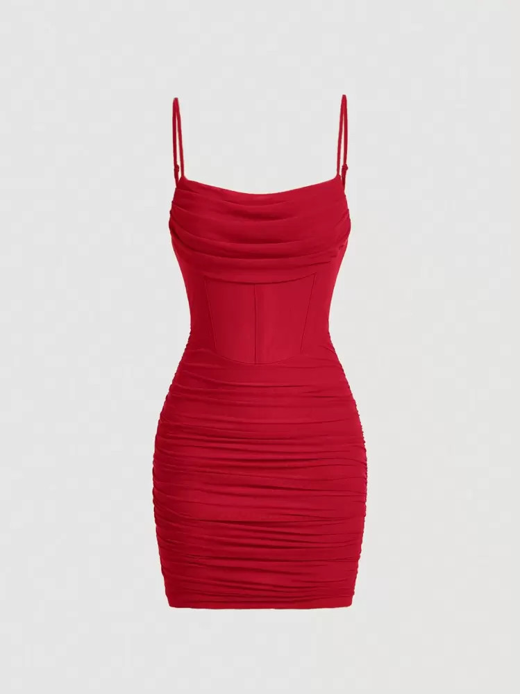 SHEIN MOD Red Tight Fishbone Party Date Night Solid Ruched Mesh Cami Dress | SHEIN